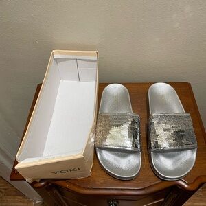 Yoki Silver Sequin Slide Sandals
